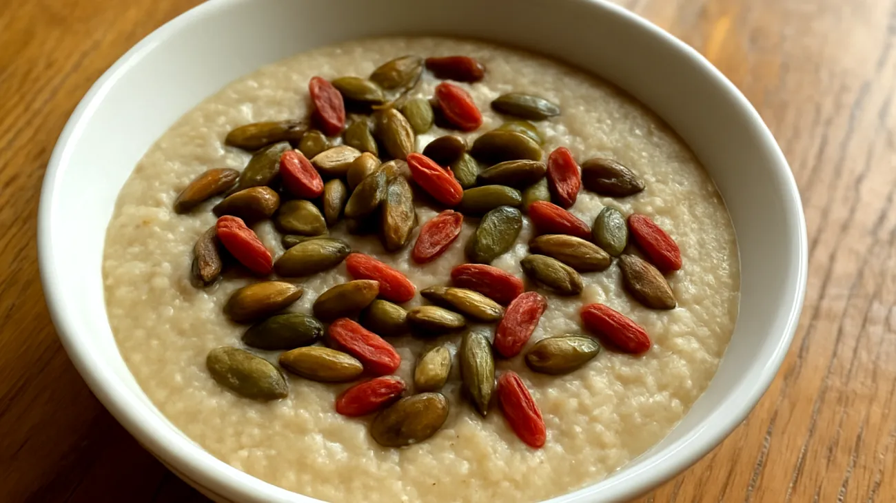Amaranth-Porridge mit gerösteten Kürbiskernen und Goji-Beeren"