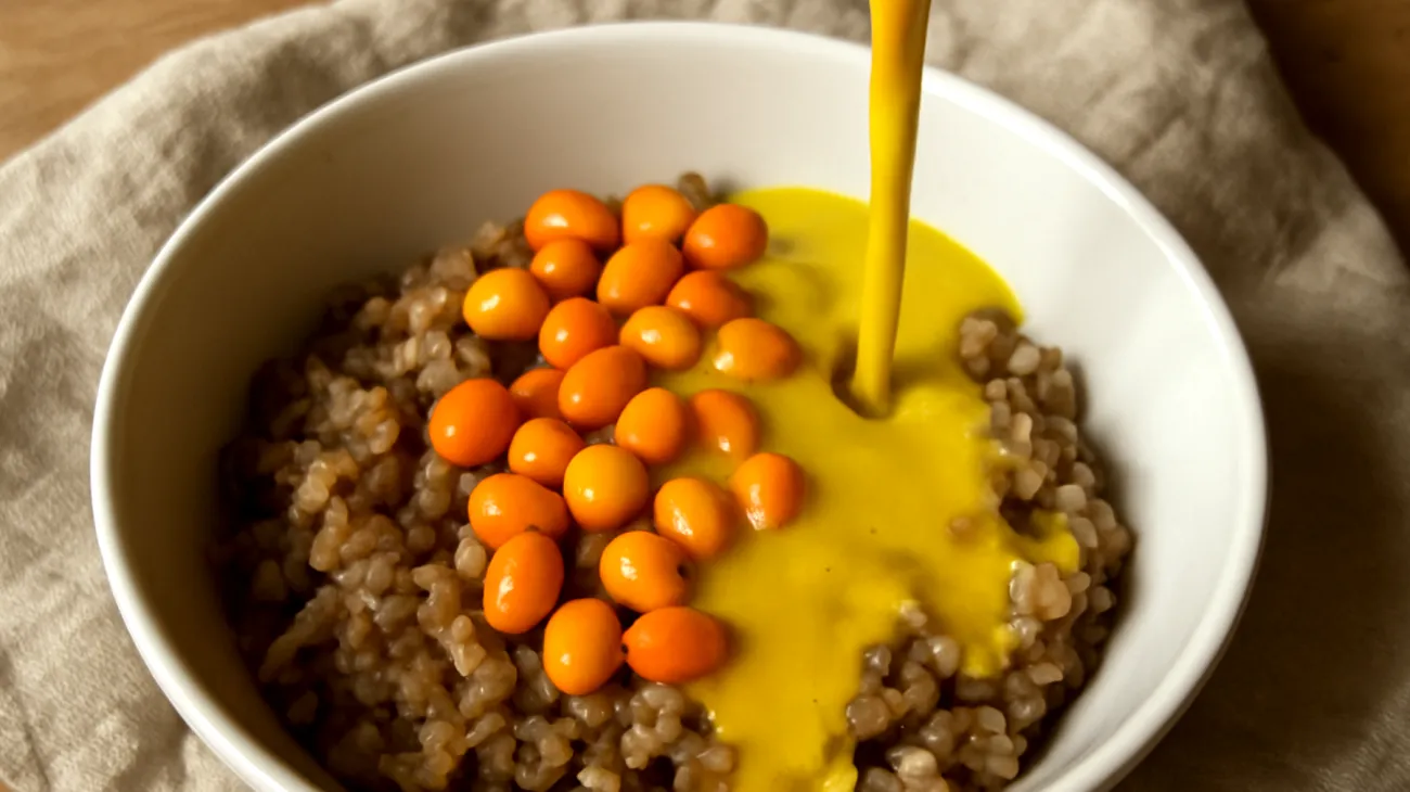 Goldene Milch mit Buchweizen-Porridge und Sanddornbeeren"
