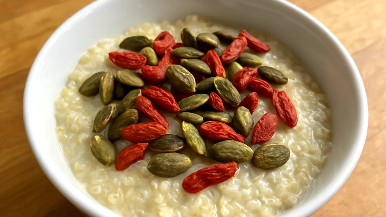 Maca-Quinoa-Porridge mit gerösteten Kürbiskernen und Goji-Beeren"