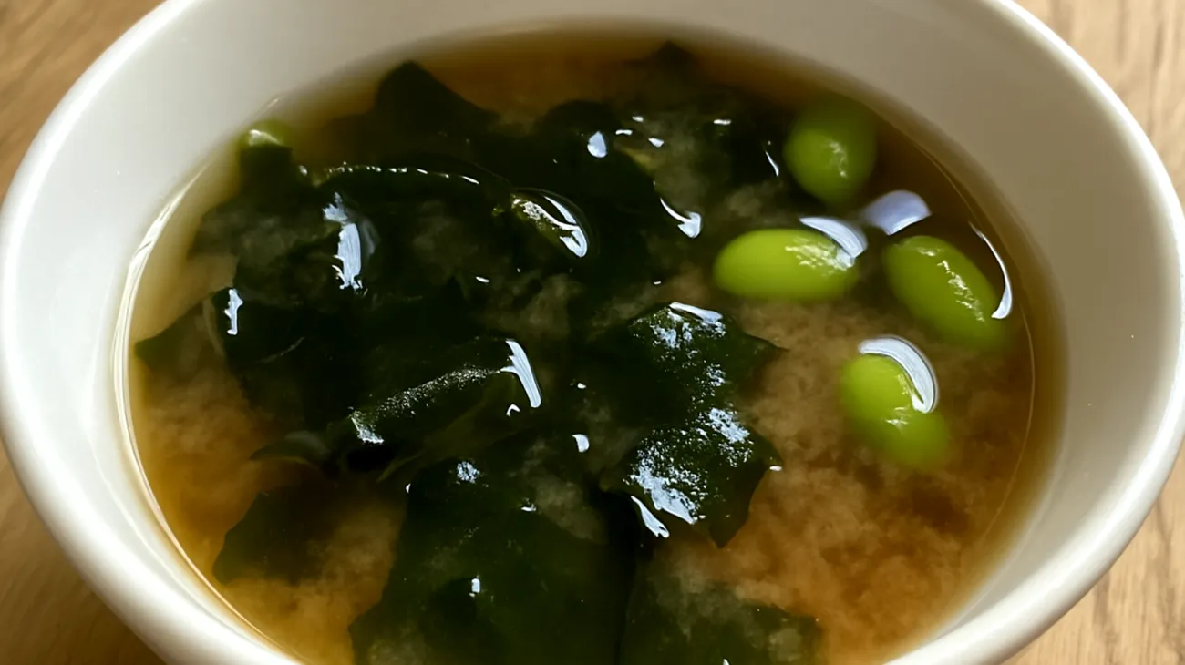 Miso-Suppe mit Wakame-Algen und Edamame"