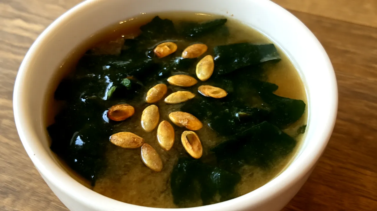 Miso-Suppe mit Wakame-Algen und gerösteten Kürbiskernen"