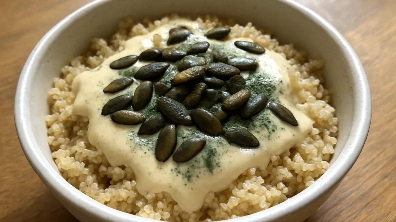 Quinoa-Tahini-Bowl mit gerösteten Kürbiskernen und Spirulina"
