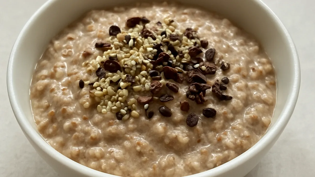 Buchweizen-Porridge mit Hanfsamen und Kakao-Nibs"