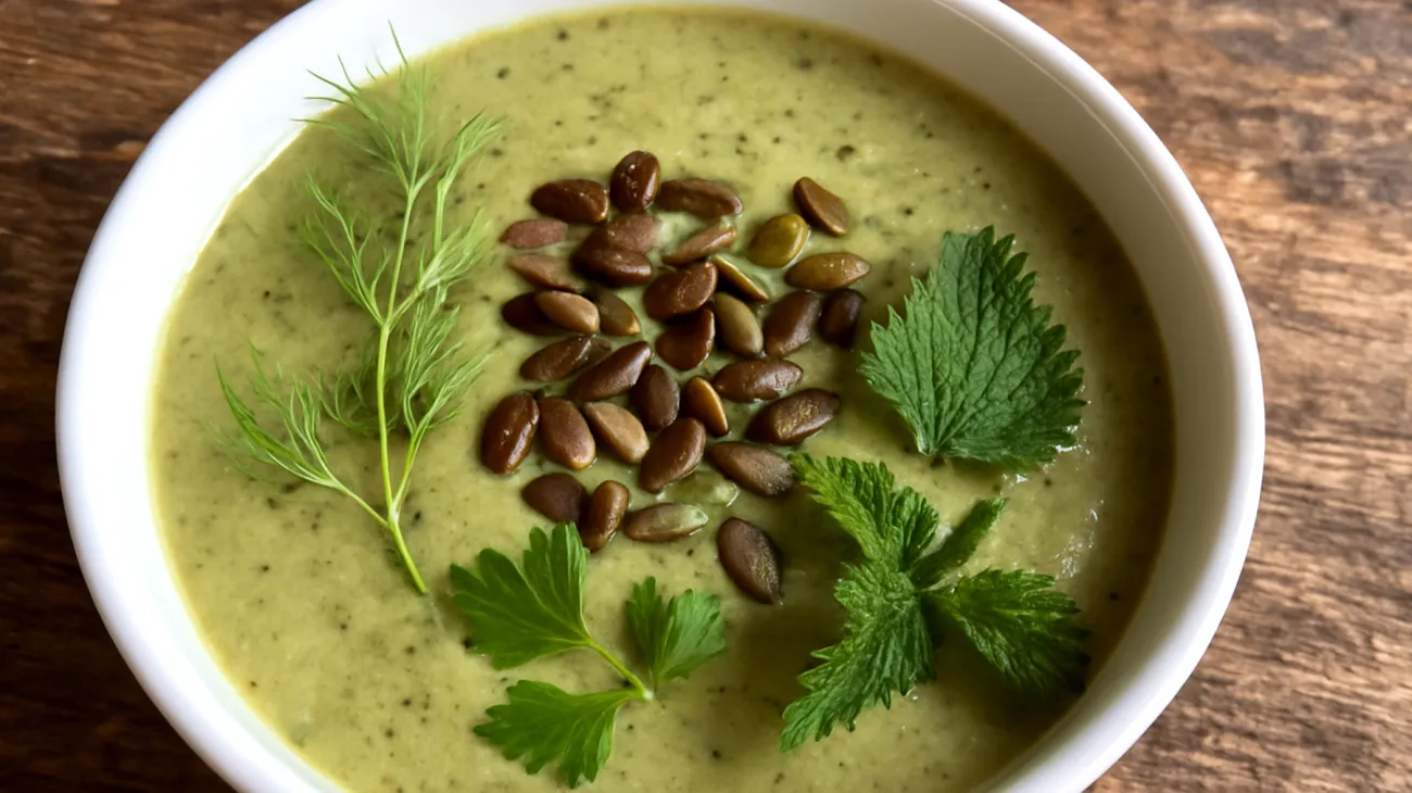 Fenchel-Brennnessel-Suppe mit gerösteten Kürbiskernen"