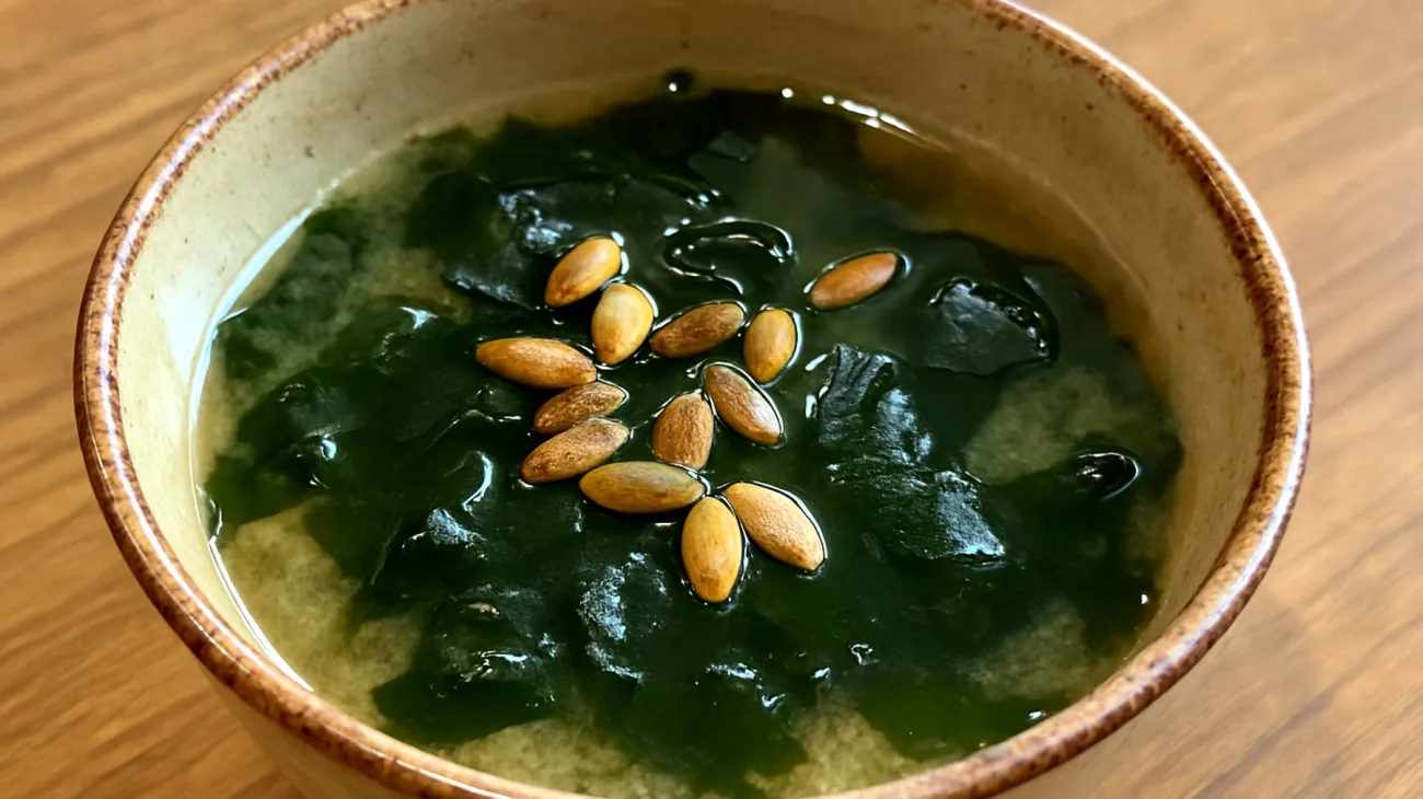 Miso-Suppe mit Wakame-Algen und gerösteten Kürbiskernen"