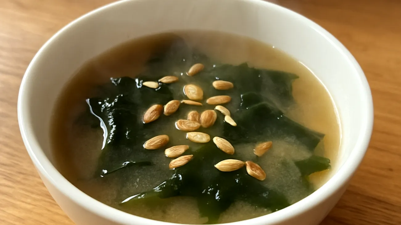 Miso-Suppe mit Wakame-Algen und gerösteten Kürbiskernen"