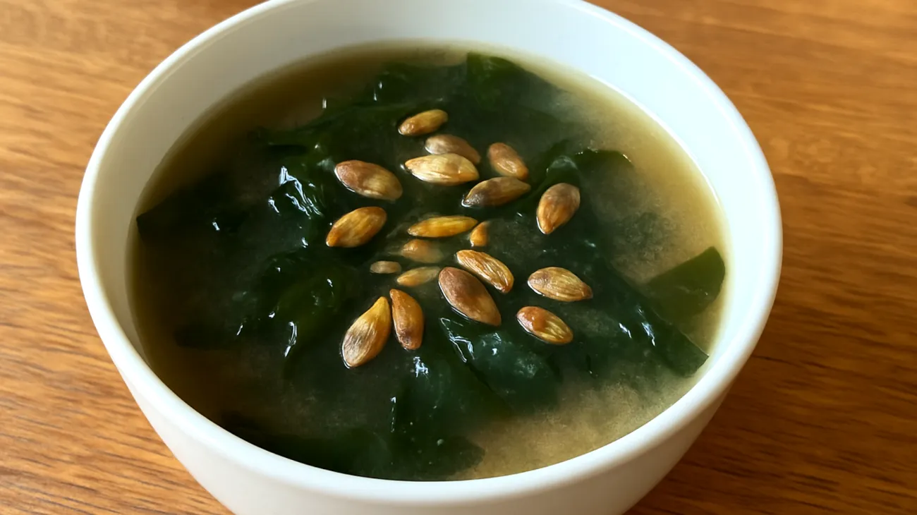 Miso-Suppe mit Wakame-Algen und gerösteten Kürbiskernen"